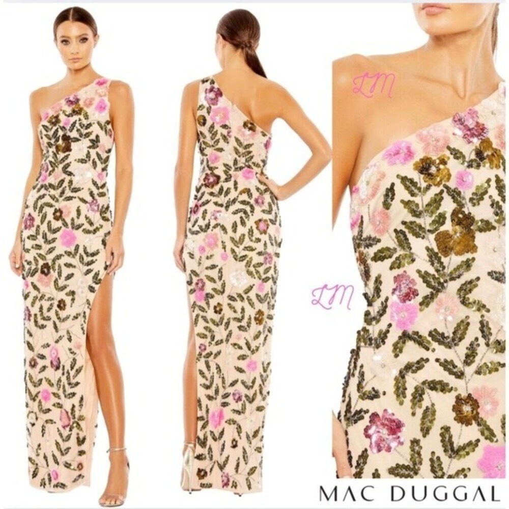 Mac Duggal Cream One-Shoulder Sequin Gown with Pink and Green Floral Embroidery